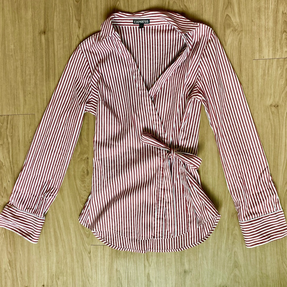 Pinstripe wrap front collared blouse